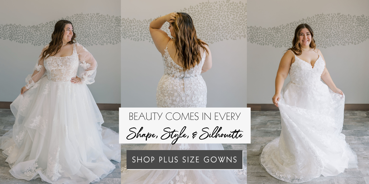Plus Size bride in three wedding dresses of various styles